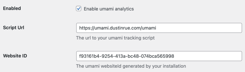 Screenshot of Umami settings showing the correct values for Script Url and Website ID. These values come from the Umami settings screen for a website.